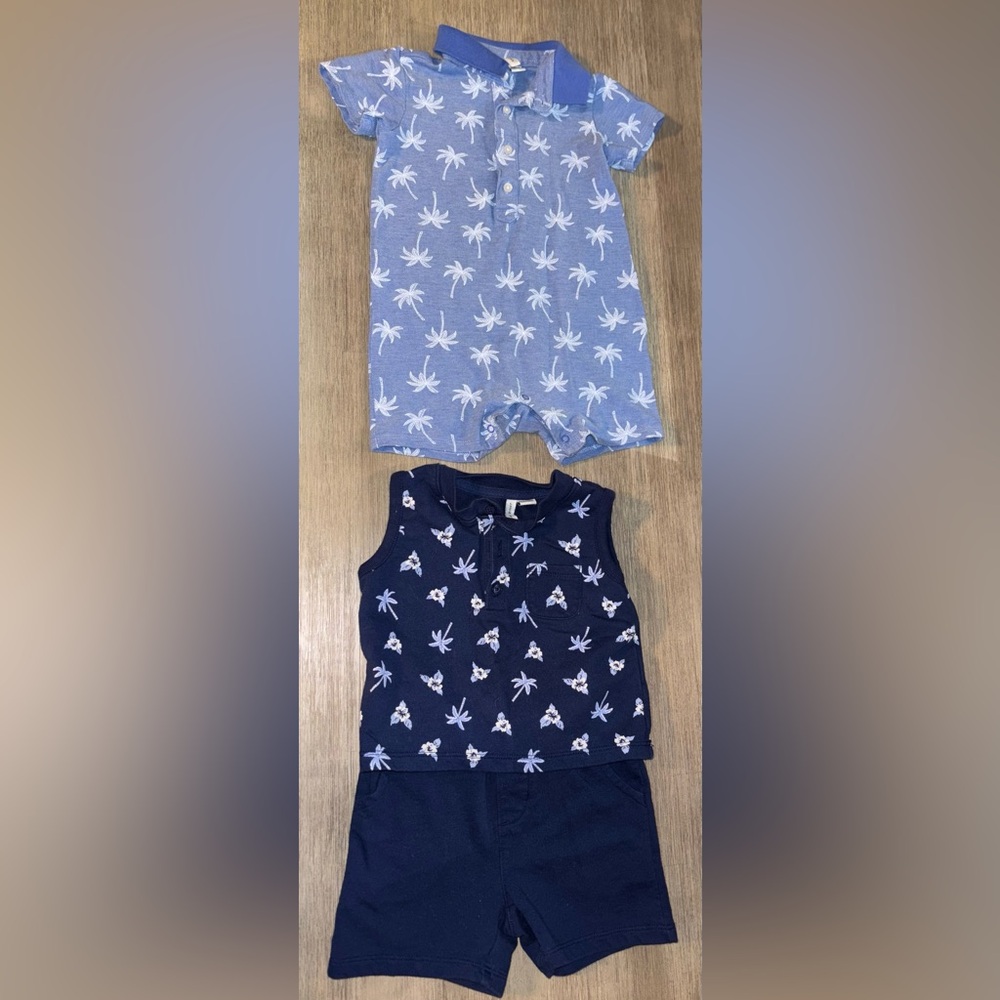 Janie & Jack 18-24 M Summer Blue and Navy Baby Romper Set Lot - 2 outfits